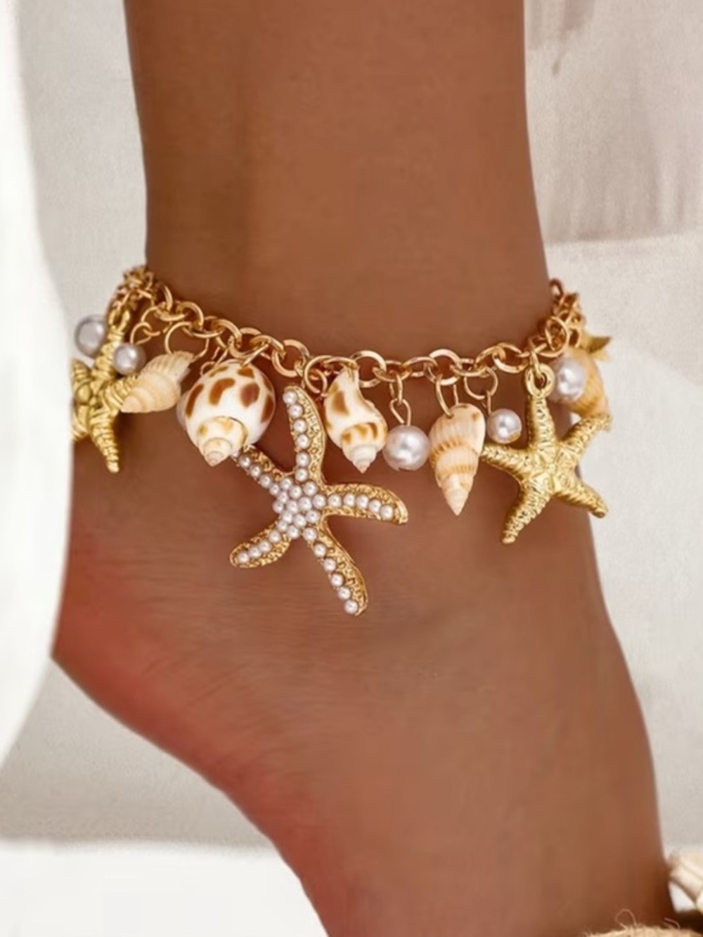 Gold Starfish & Shell Charm Anklet with Pearl Accents